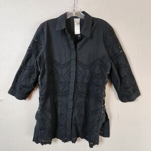 Chico’s Eyelet Embroidered Blouse Women Size 8/10 Black Button Down